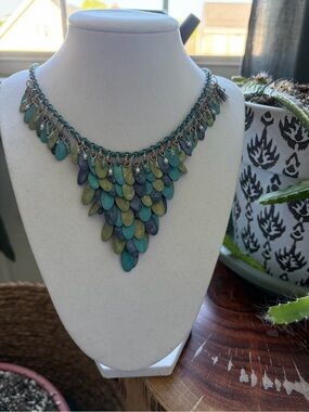Vintage Teal & Olive Cascade Statement Necklace Mermaid Scales